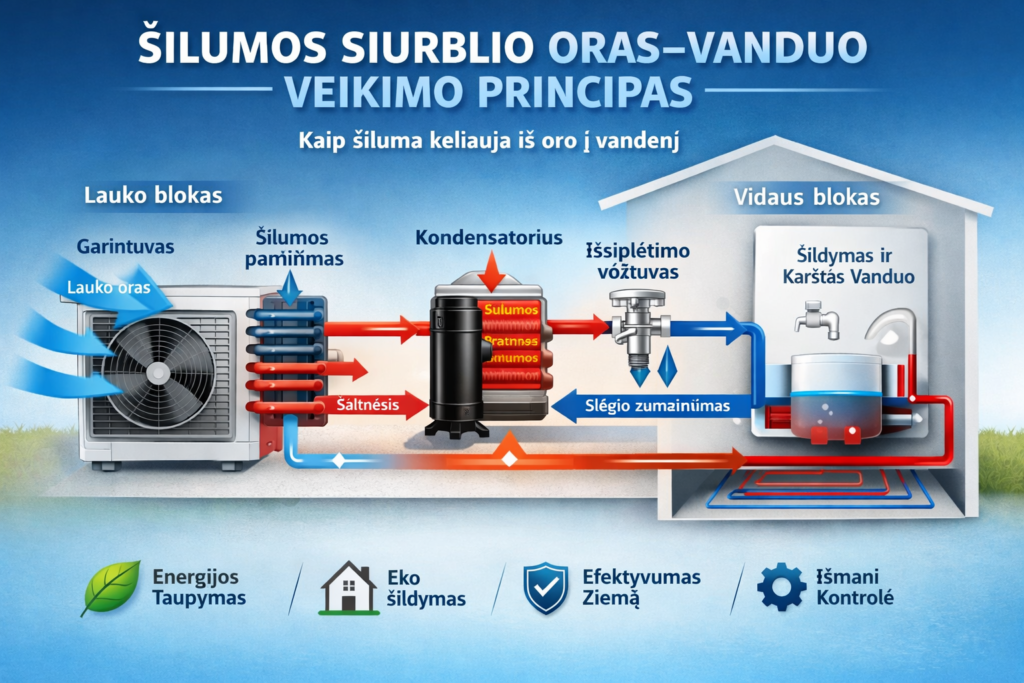 Šilumos siurblio oras–vanduo veikimo principas 